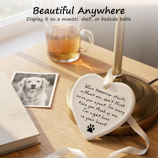 OFlyDesigns Pet Memorial Ceramic Heart Keepsake,When Tomorrow Starts Without Me Remembrance Ornament for Dog or Cat, Loving Memory Sympathy Decor with Gift Box, Pet Loss Bereavement Hanging Heart
