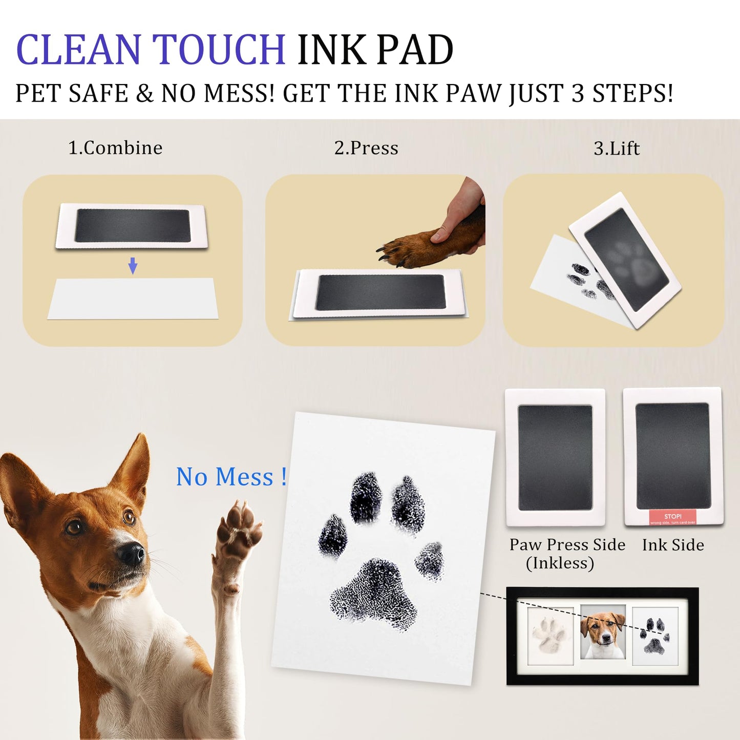 MYPAWLETS Paw Print Frame Kit,Dog/Cat Paw Print Kit,Soft Pawprint Clay&Clean Touch Ink Pad,Pet Paw Print Impression Kit with Customization Tool,Wooden Pet Memorial Frame,DIY Dog Lover Gifts-Black