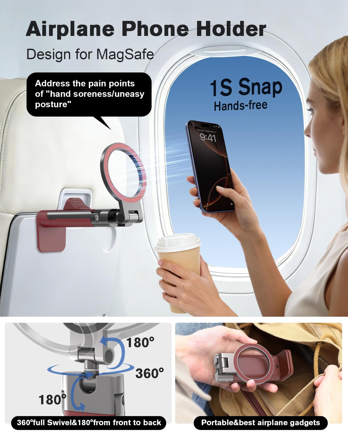 for MagSafe Airplane Phone Holder Mount Travel Essentials for Plane,N55*40 Pro Magnetic Phone Stand for Desk,360° Swivel Airplane Gadgets Cruise Must Haves Mother's Day Travel Gifts for Women Men Red