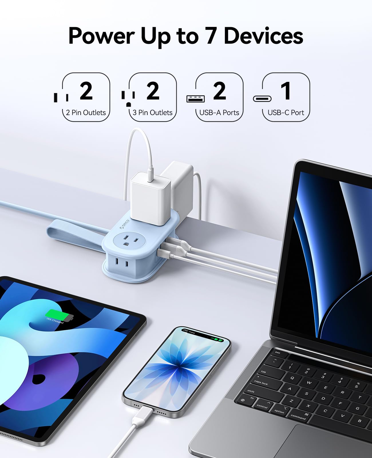 ORICO Blue Travel Power Strip PD20W with 4 AC Outlets 3 USB Ports (1 USB-C), 4FT Flat Plug Extension Cord, Compact Portable Design for Business Travel, Cruise Ship Essentials-AP3