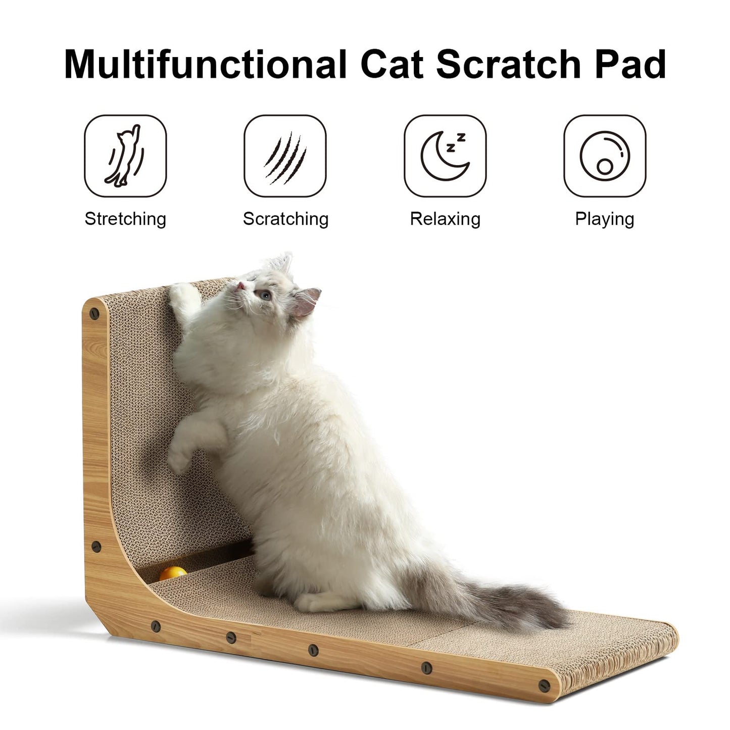 FUKUMARU Cat Scratcher, 26.8 Inch L Shape Cat Scratch Pad Wall Mounted, Cat Scratching Cardboard with Ball Toy for Indoor Cats, Large Size