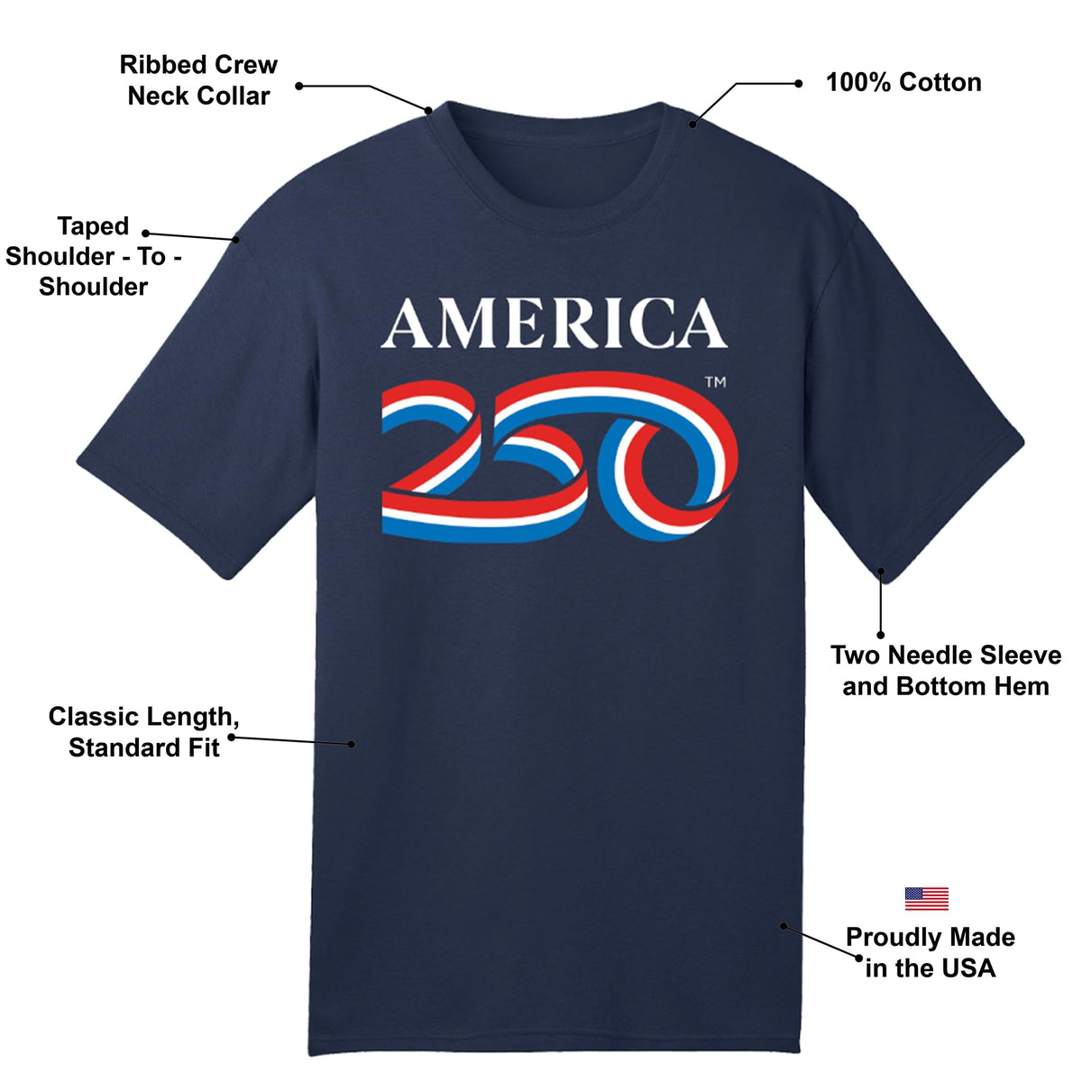 AMERICA 250 250 Anniversary USA Shirt, America250 Official Classic Dark Navy Cotton Tee 5.4oz, 4th of July Shirts Women & Men, Licensed & Official Merchandise (US, Alpha, X-Large, Regular)