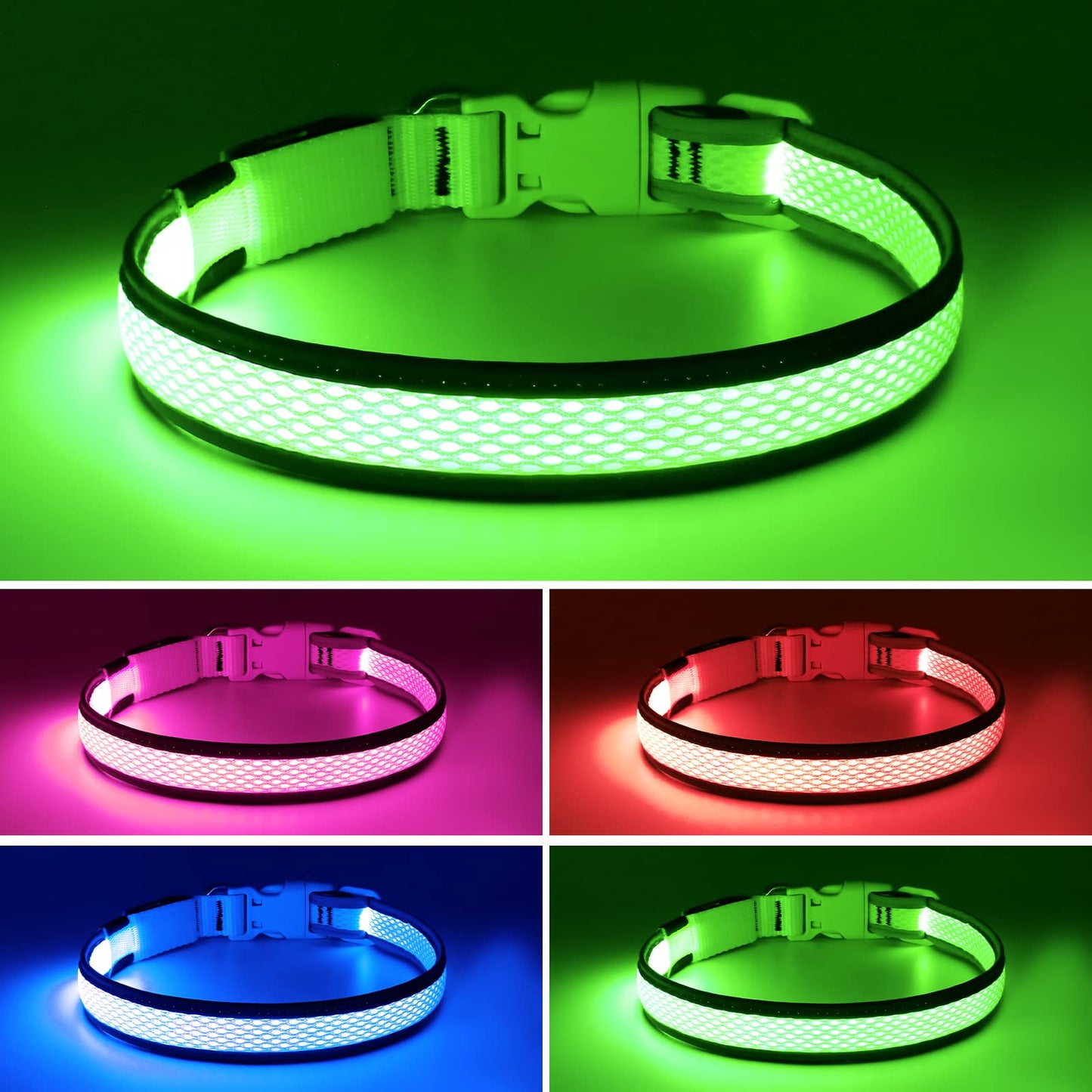 Flashseen LED Dog Collar, USB Rechargeable Light Up Dog Collar Lights, Adjustable Comfortable Soft Mesh Safety Dog Collar for Small, Medium, Large Dogs(Large, Neon Green)