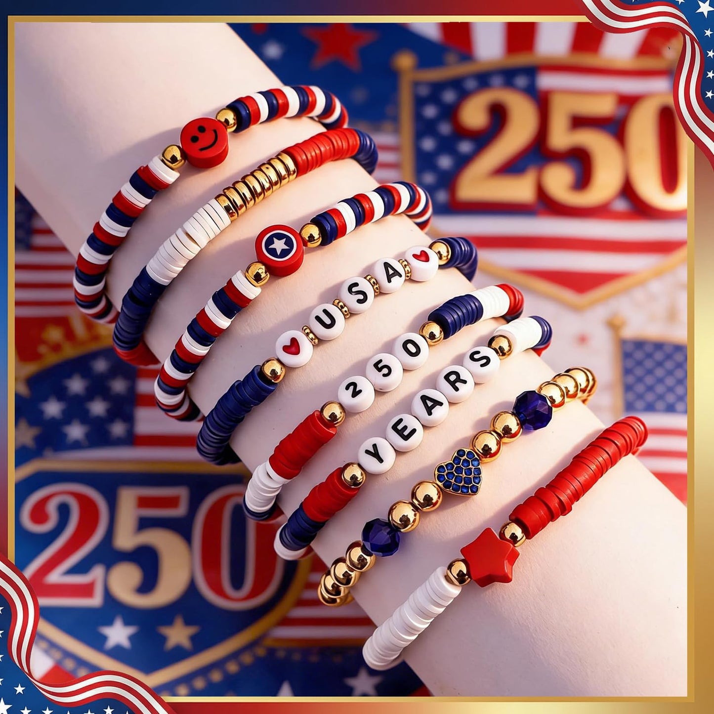 lakayfimily 250 Anniversary USA Merchandise for Women Men Teens Red White Blue Clay Beaded Stretch Bracelets USA Patriotic Jewelry 4th of July Accessories