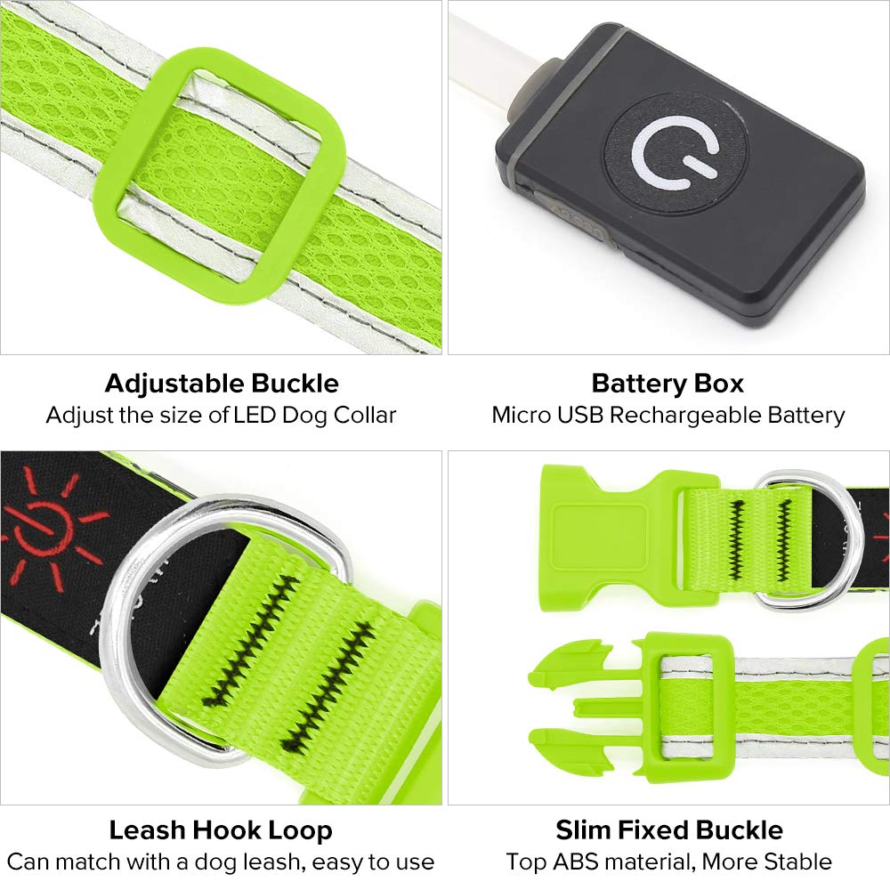 Flashseen LED Dog Collar, USB Rechargeable Light Up Dog Collar Lights, Adjustable Comfortable Soft Mesh Safety Dog Collar for Small, Medium, Large Dogs(Large, Neon Green)