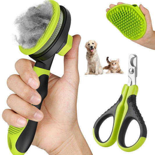 Comotech 3PCS Cat Grooming Kit | Cat Brush | Cat Brushes for indoor Cats | Cat Nail Clipper | Cat Nail Trimmer | Cat Bath Brush | Cat Brush for Shedding - Premium Cat Supplies (Green)