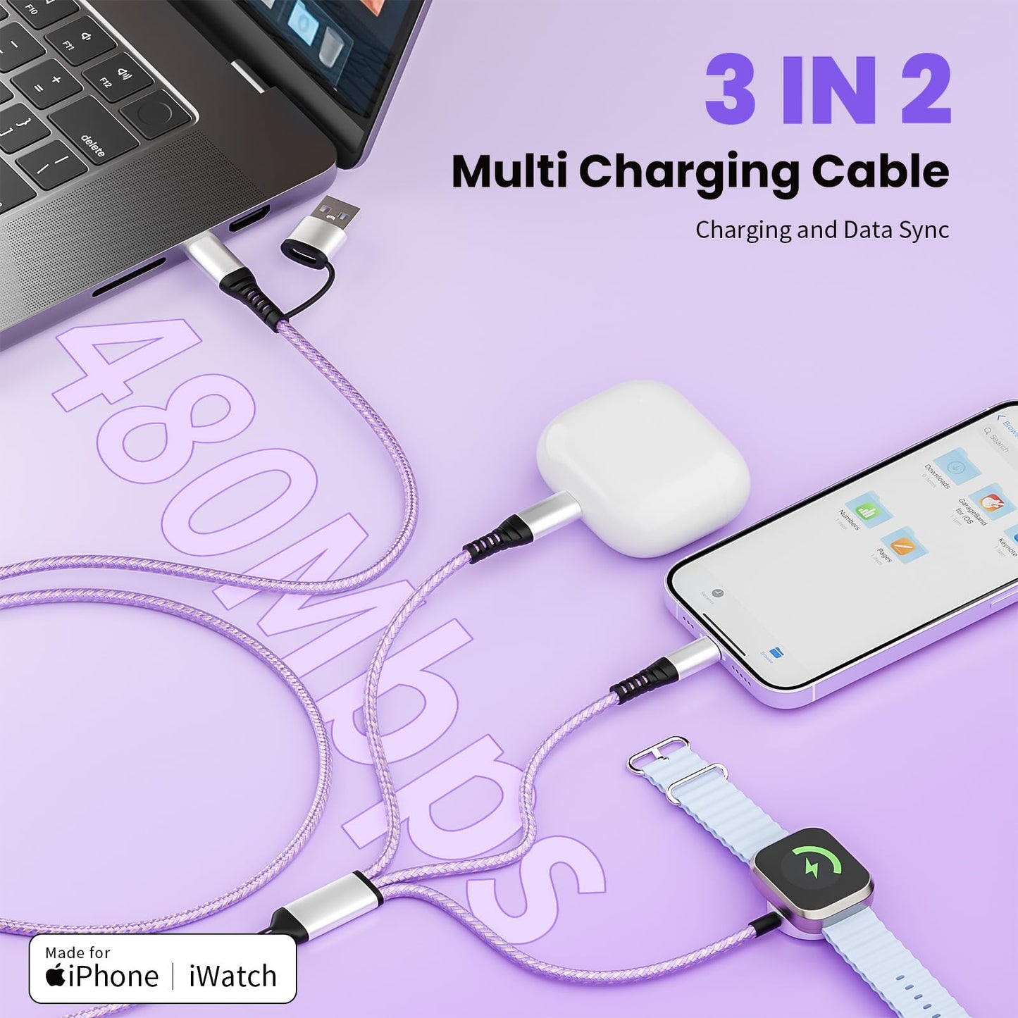 Travel Essentials, 3 in 2 USB A/C Cable to iPhone 17 Charger/iWatch Charger/IP, Braided Multi Charging Cable Cord, RV Camping Essentials, Designed for iWatch Series & iPhone17-11/iPad [Purple, 5FT]