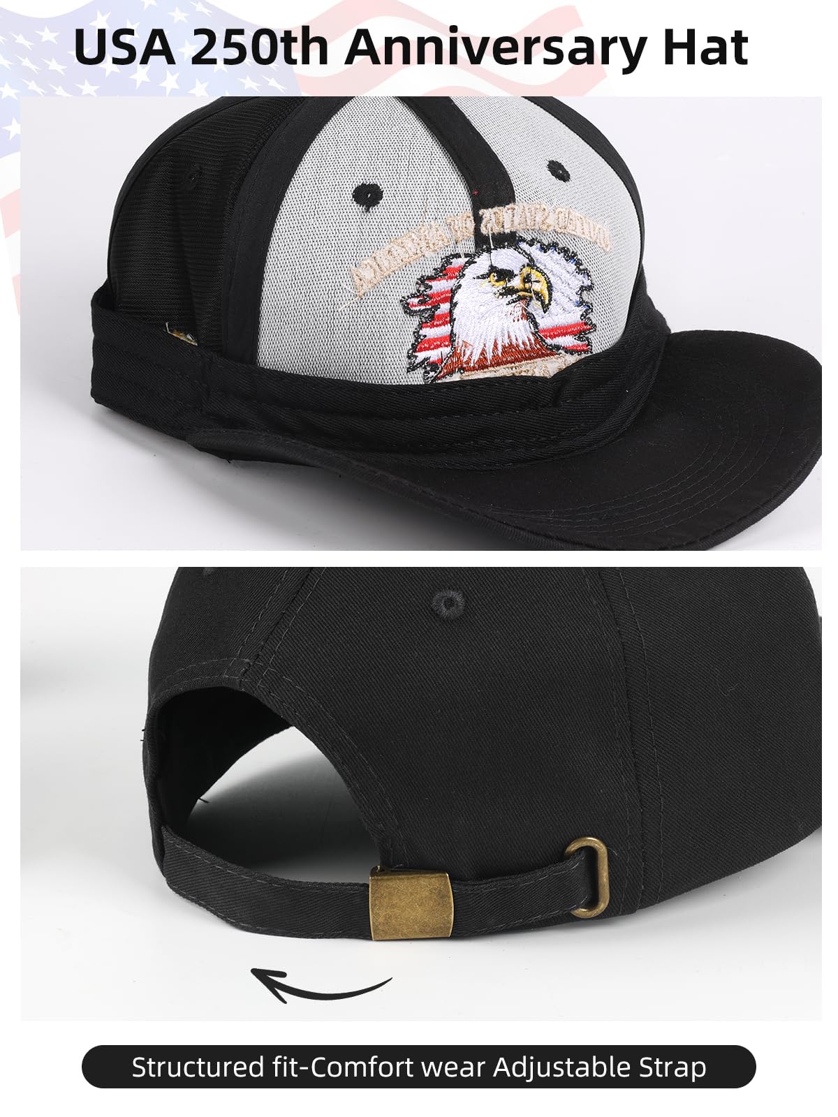 250th USA Anniversary hat，Patriotic Eagle Pattern Adjustable 250th Anniversary Vintage Embroidered Baseball Cap, Unisex (Black)
