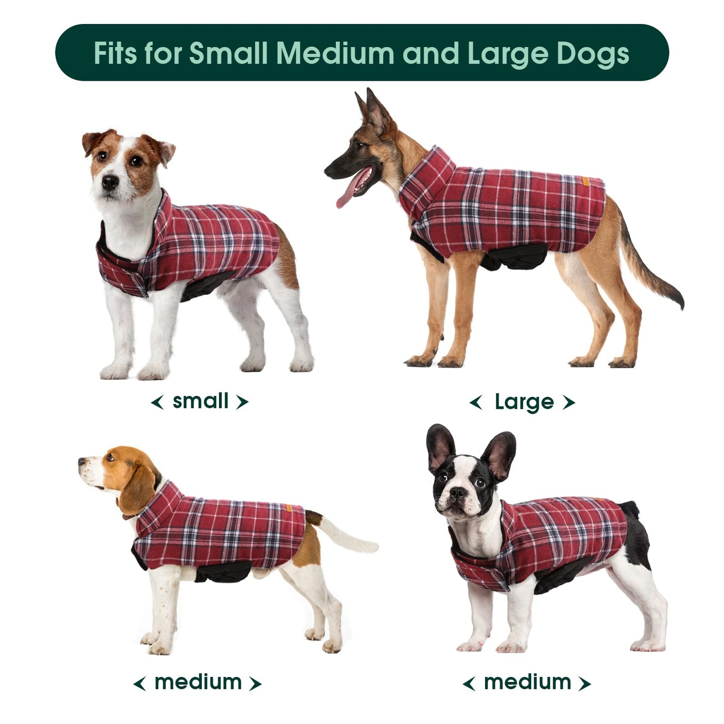 Kuoser Warm Dog Coat, Reversible Jacket Waterproof Winter Coat British Style Plaid Clothes Pet Cold Weather Coats Cozy Snow Vest for Small Medium Large Dogs Red S