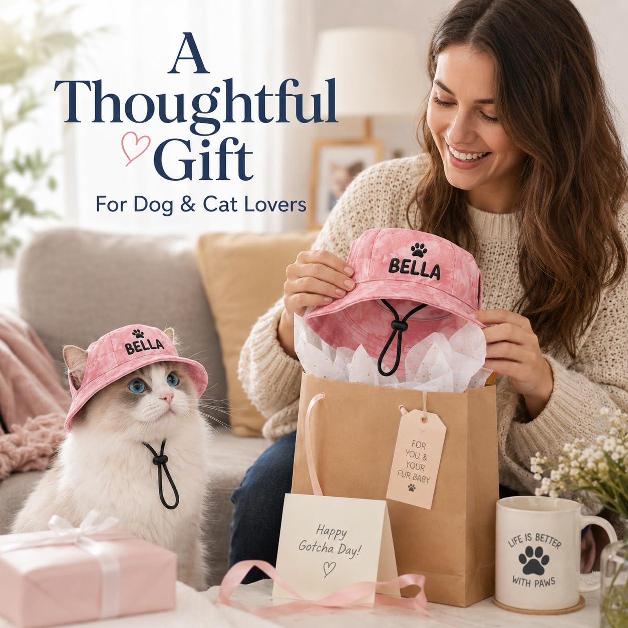 Duckbe Personalized Dog Bucket Hat with Ear Holes Custom Dog Visor with Embroidered Name for Puppy Customized Sun Hats for Small Medium Large Dog & Cat Summer Vacation Gifts for Pet