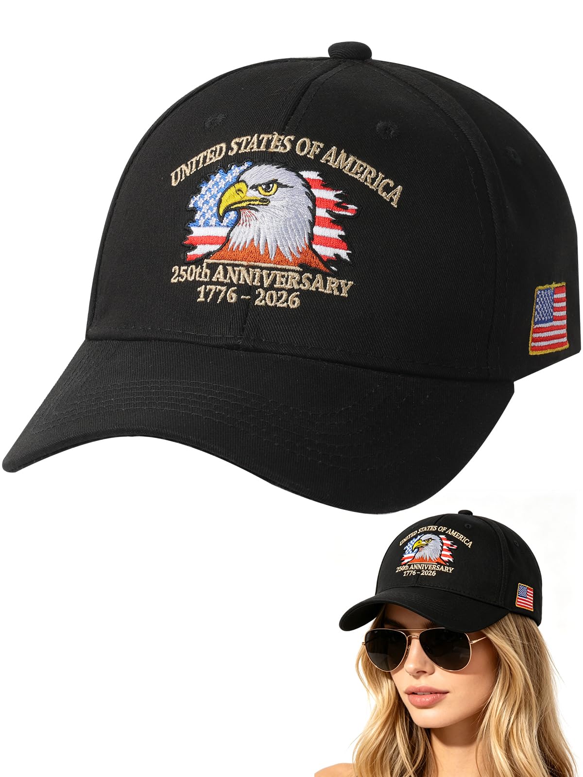 250th USA Anniversary hat，Patriotic Eagle Pattern Adjustable 250th Anniversary Vintage Embroidered Baseball Cap, Unisex (Black)