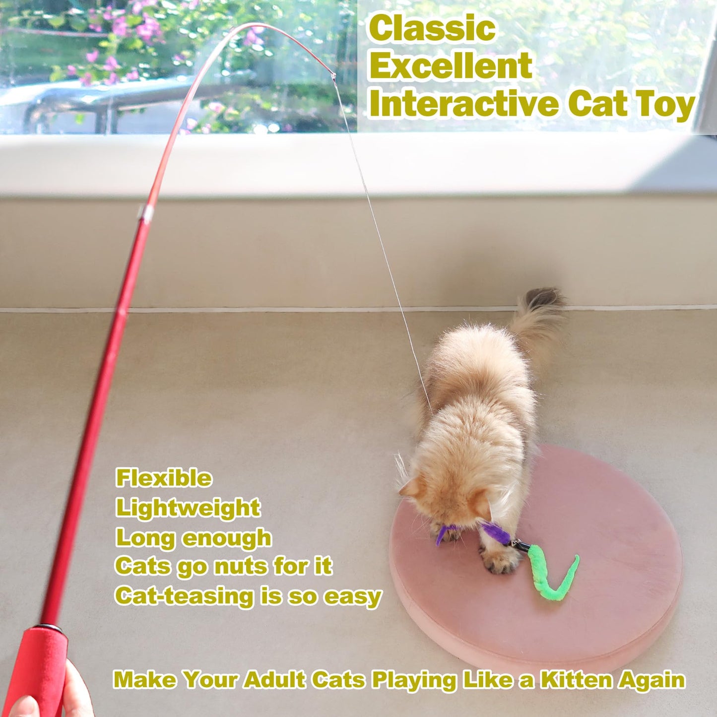 MeoHui Interactive Cat Toys - Retractable Wand Toy and Feather Toys Refills for Indoor Cats to Chase and Exercise