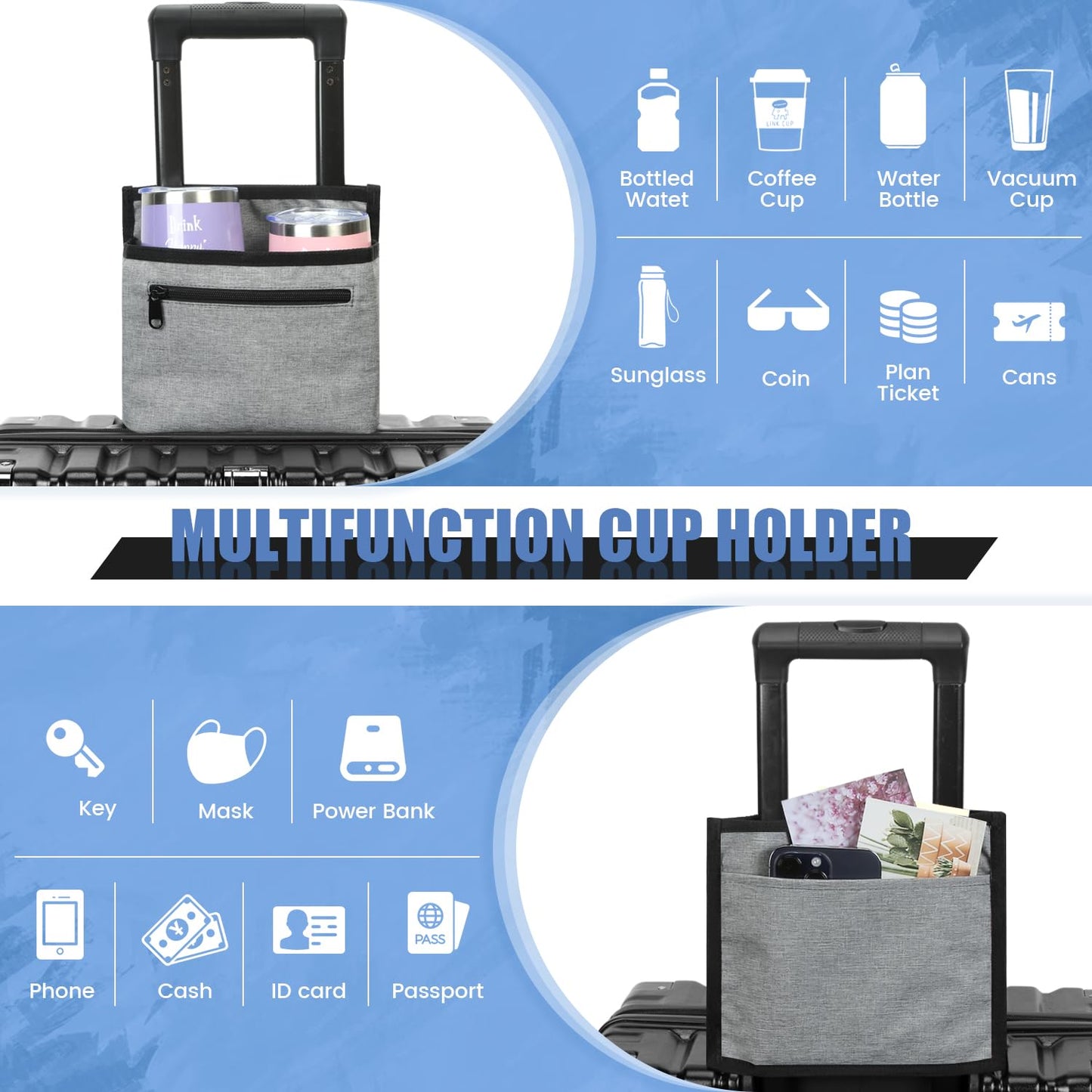 ZHCHG Luggage Travel Cup Holder Attachment for Suitcase Drink Carrier Caddy, Coffee Mug and Tumblers, Traveler Carry on Hands Free Accessory- Gifts for Flight Attendants Travelers Accessories