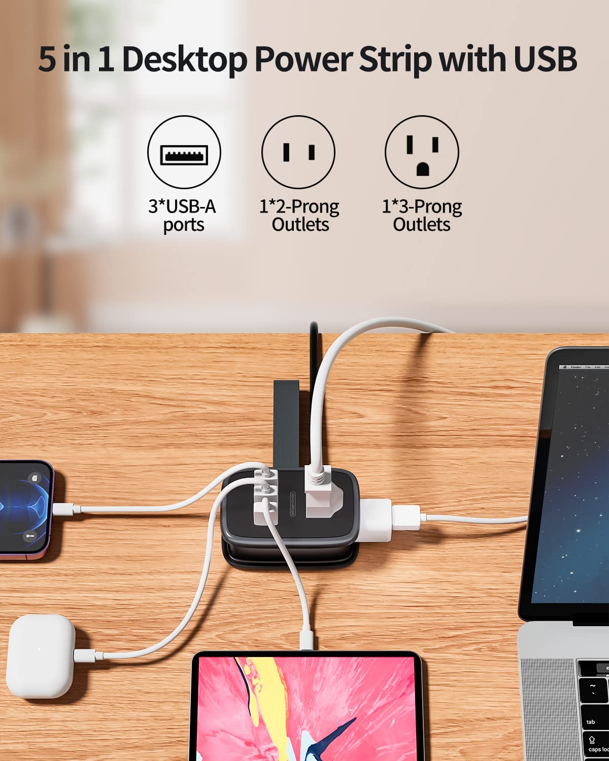 NTONPOWER Travel Power Strip with USB Ports, Portable Small Power Strip with 3FT Wrapped Flat Plug Extension Cord, 2 Outlets 3 USB Ports, Non Surge Protector for Cruise Ship Hotel Black