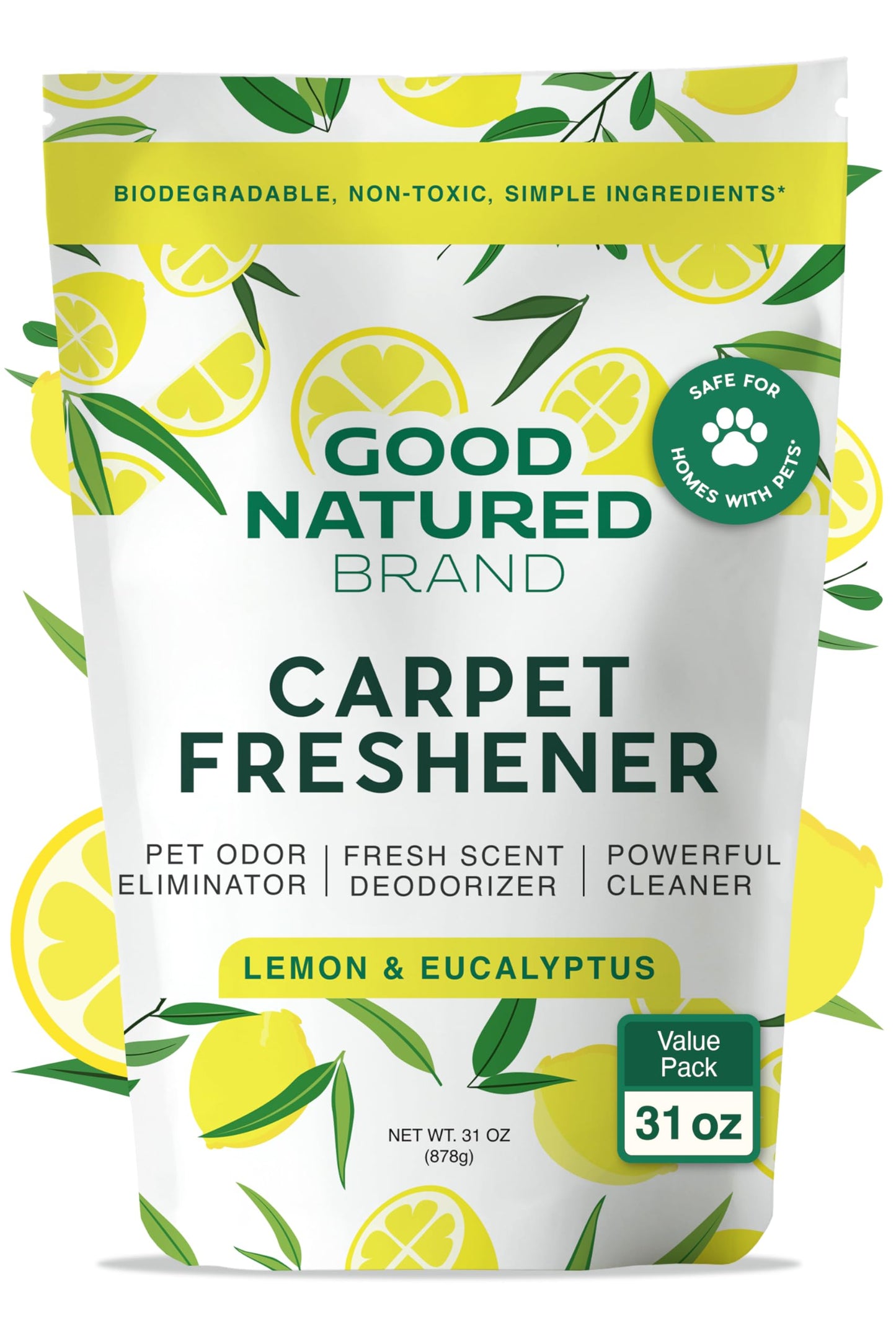 Good Natured Brand | Carpet Freshener & Deodorizer Powder | 31 oz Pet Odor Eliminator for Strong Odor & Pet Urine | Fresh Natural Lemon & Eucalyptus Scent | Safe for Homes with Pets