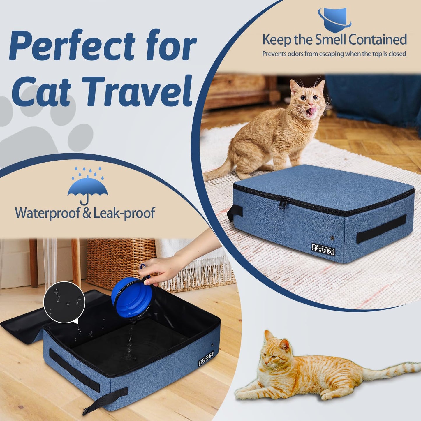 Petskd Portable Cat Travel Litter Box with Lid and 10 pcs Disposable Liner Bags, Leak-Proof and Collapsible, Cat Travel Essentials for Car, Hotel, Airplane and Other Outdoor Use(Blue)