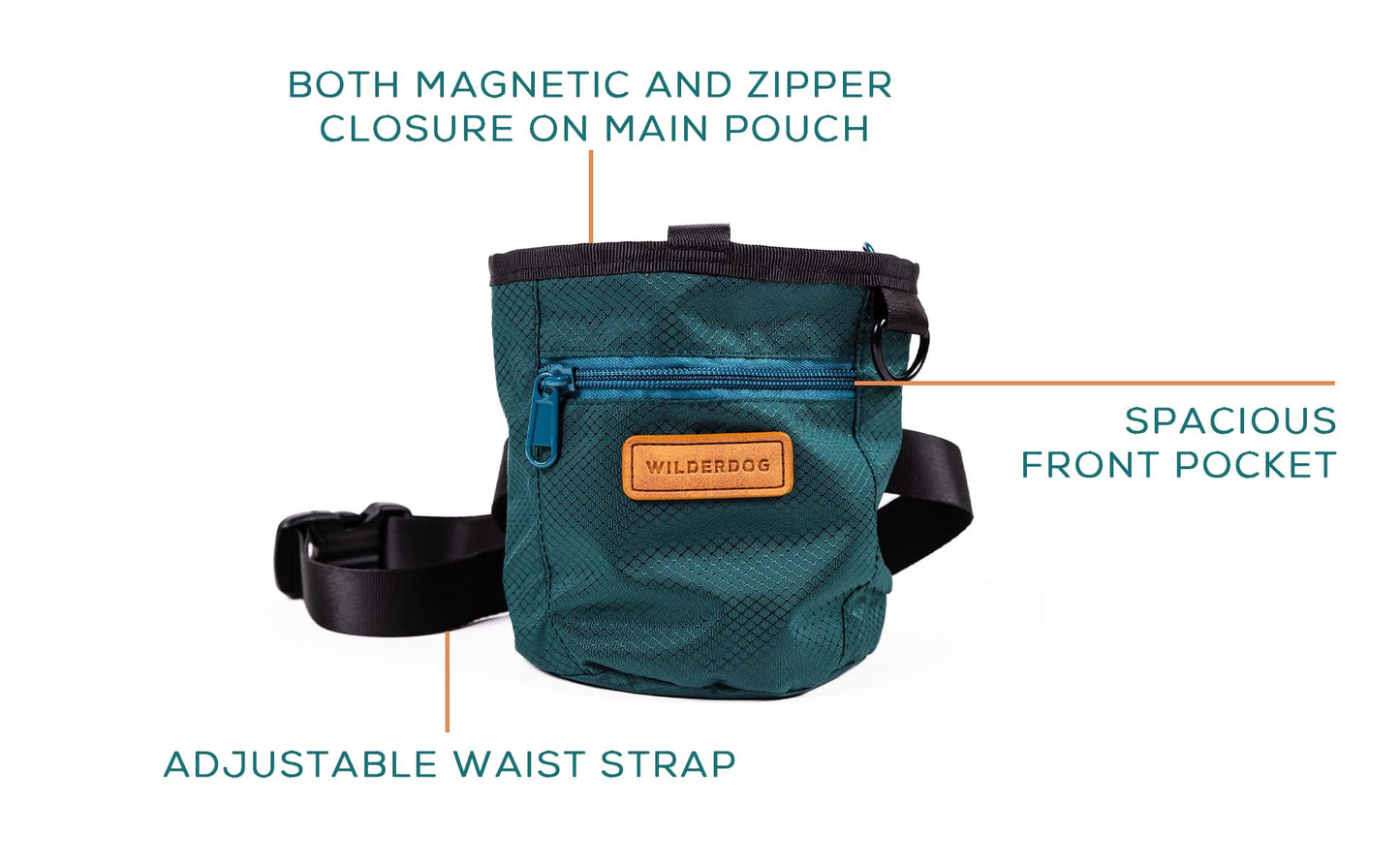 Wilderdog Dog Training Treat Pouch with Magnetic and Zipper Closure, Carabiner Attached, Adjustable Waist Strap - Green