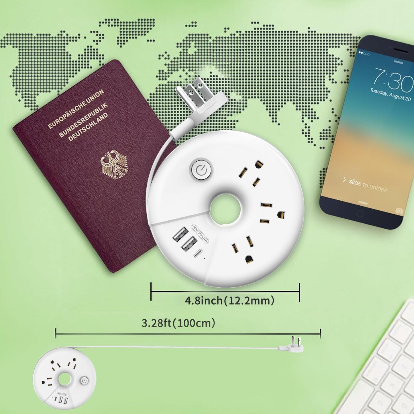Travel Power Strip, NTONPOWER 3 Outlets 3 USB(1 USB C) Cruise Approved Power Strip, Short Extension Cord 3ft, Travel Essentials for Home, Hotels, Cruise Ship, Vacation, White, i-Donut