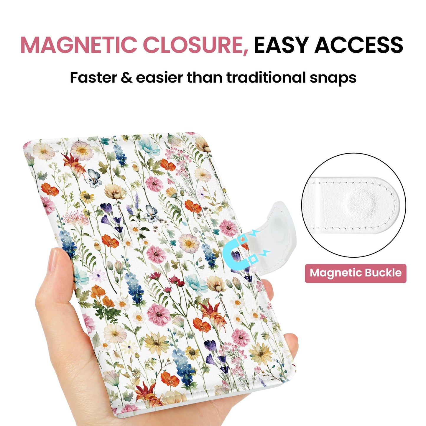Passport Holder for Travel Essentials, RFID Blocking Leather Cover Wallet with Magnetic Closure, Aesthetic & Cute Passport Book Case for Women and Men - Wildflower