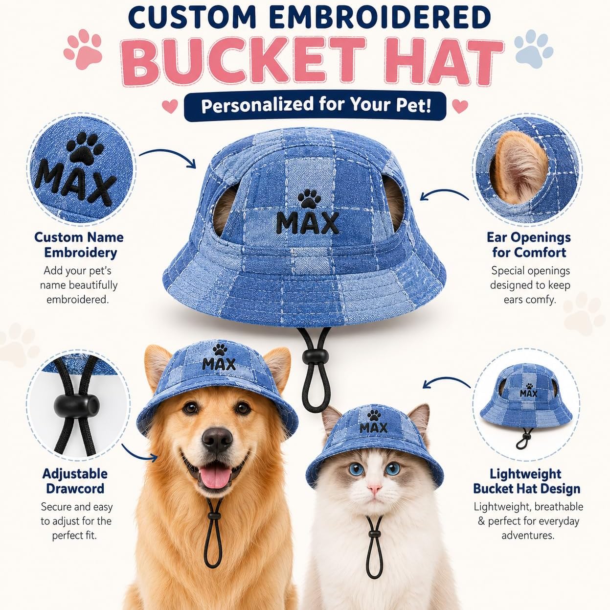 Duckbe Personalized Dog Bucket Hat with Ear Holes Custom Dog Visor with Embroidered Name for Puppy Customized Sun Hats for Small Medium Large Dog & Cat Summer Vacation Gifts for Pet