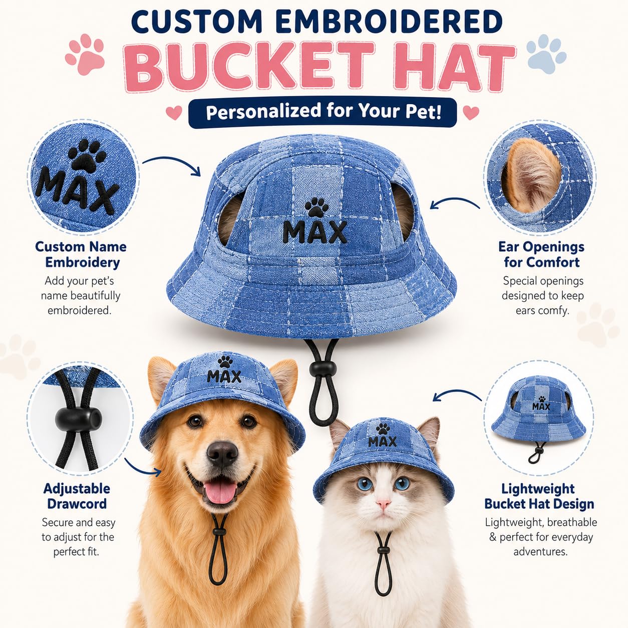 Duckbe Personalized Dog Bucket Hat with Ear Holes Custom Dog Visor with Embroidered Name for Puppy Customized Sun Hats for Small Medium Large Dog & Cat Summer Vacation Gifts for Pet