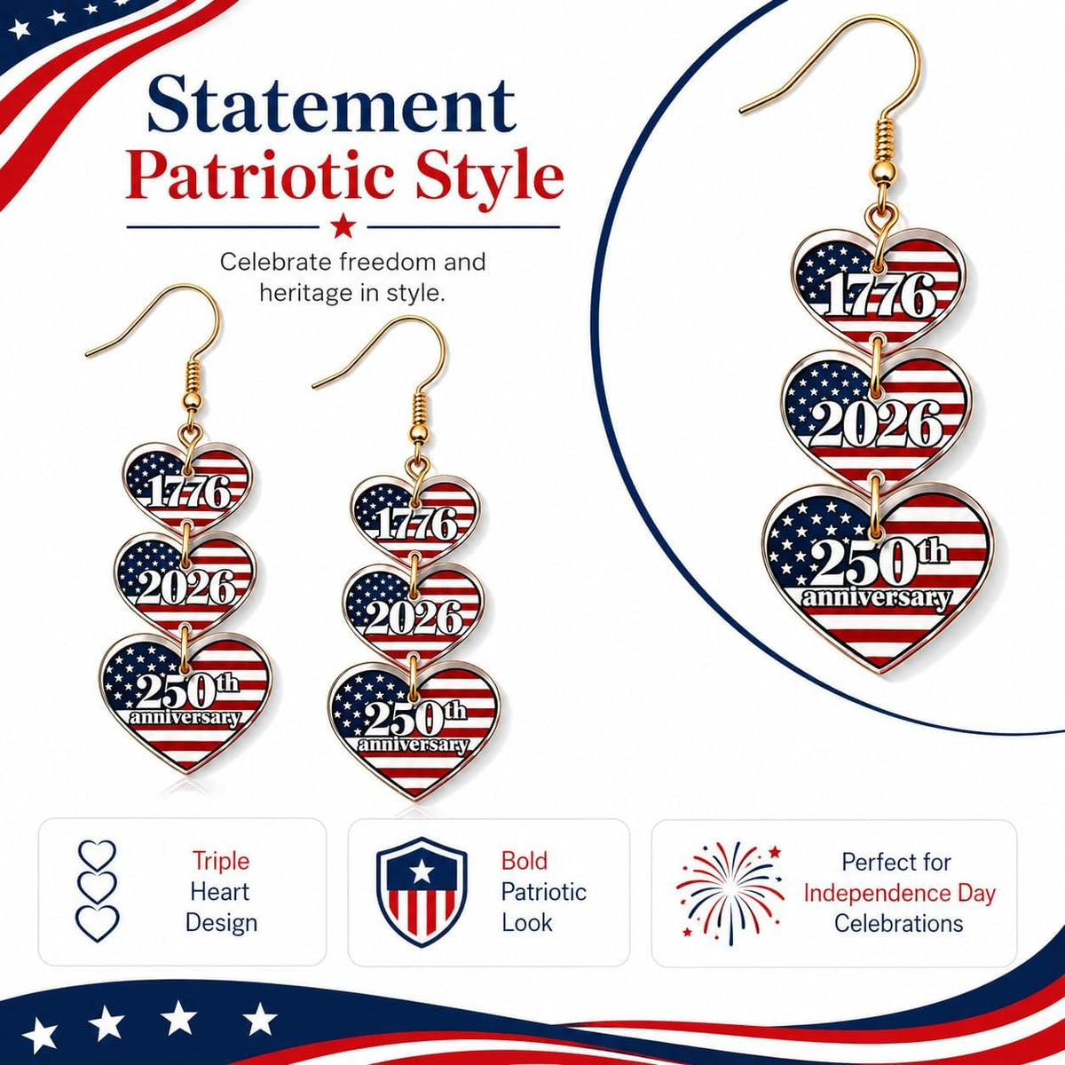 250 Anniversary USA Merchandise 4th of July Outfits Shirt Decorations Patriotic Earrings USA 250th Anniversary Merchandise 4th of July Dresses Jewelry Accessories Gift Red White Blue USa Earrings
