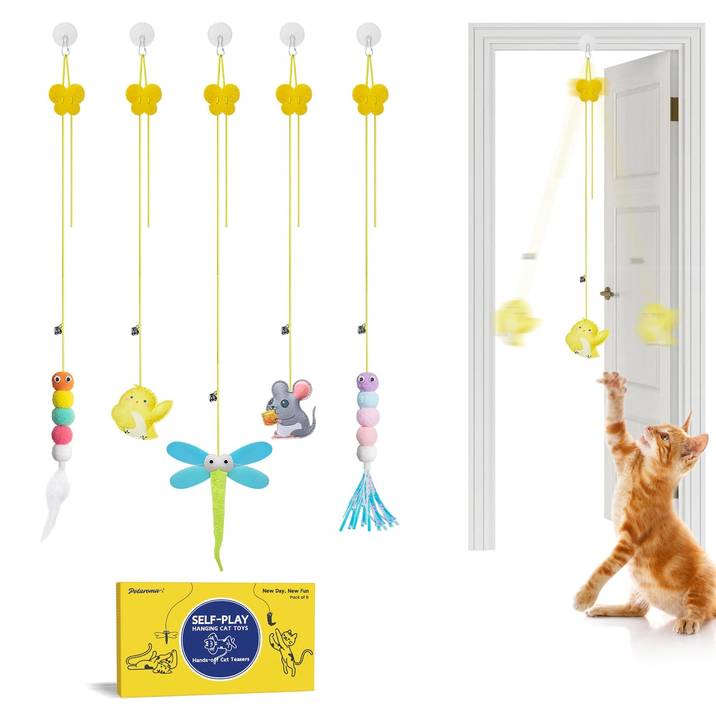 Potaroma Interactive Cat Feather Toys 5 Pcs, Cat Teaser Retractable, Hanging Cat Toys Indoor Kitten Play Chase Exercise, Mental Physical Stimulation for All Breeds and Species