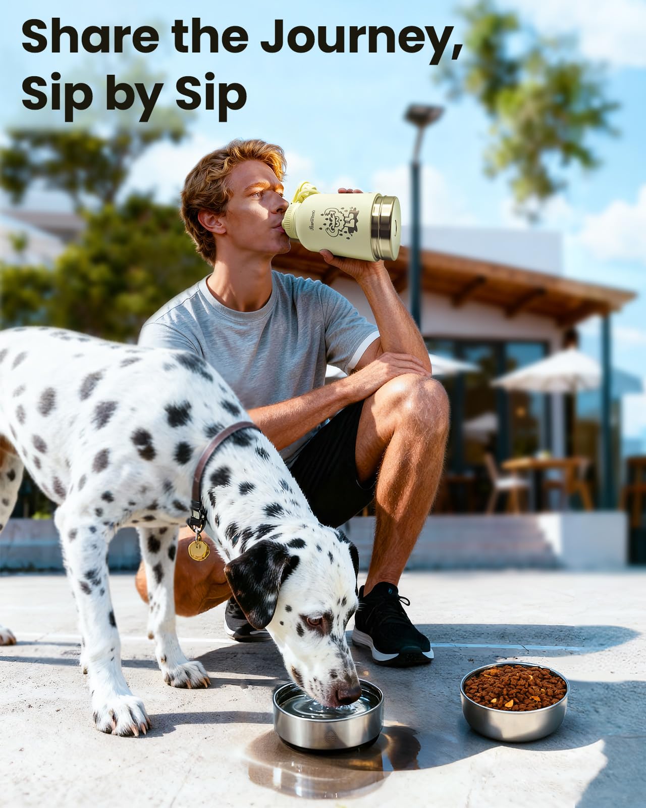 Pawccoli 34oz Dog Water Bottle, Stainless Steel Dog Water Bottle Dispenser with Detachable Food & Water Bowls, Keeps Water Hot/Cold, for Walking, Hiking, Camping(Cream)