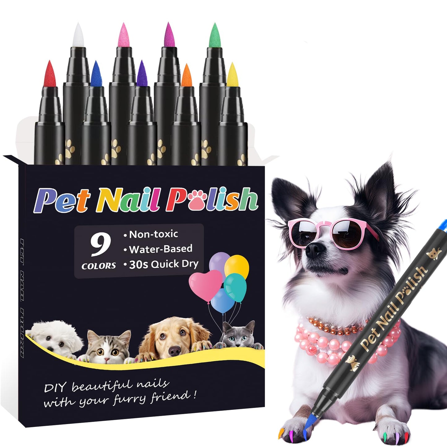 Cherocito Dog Nail Polish Pens Quick Dry,9 Colors Safe Dog Nail Polish Set to DIY Pretty Nails, Ideal Gifts for Dogs Cats Light Dark Nails, Odorless, Non-Toxic, Water-Based Pet Nail Accessories Set