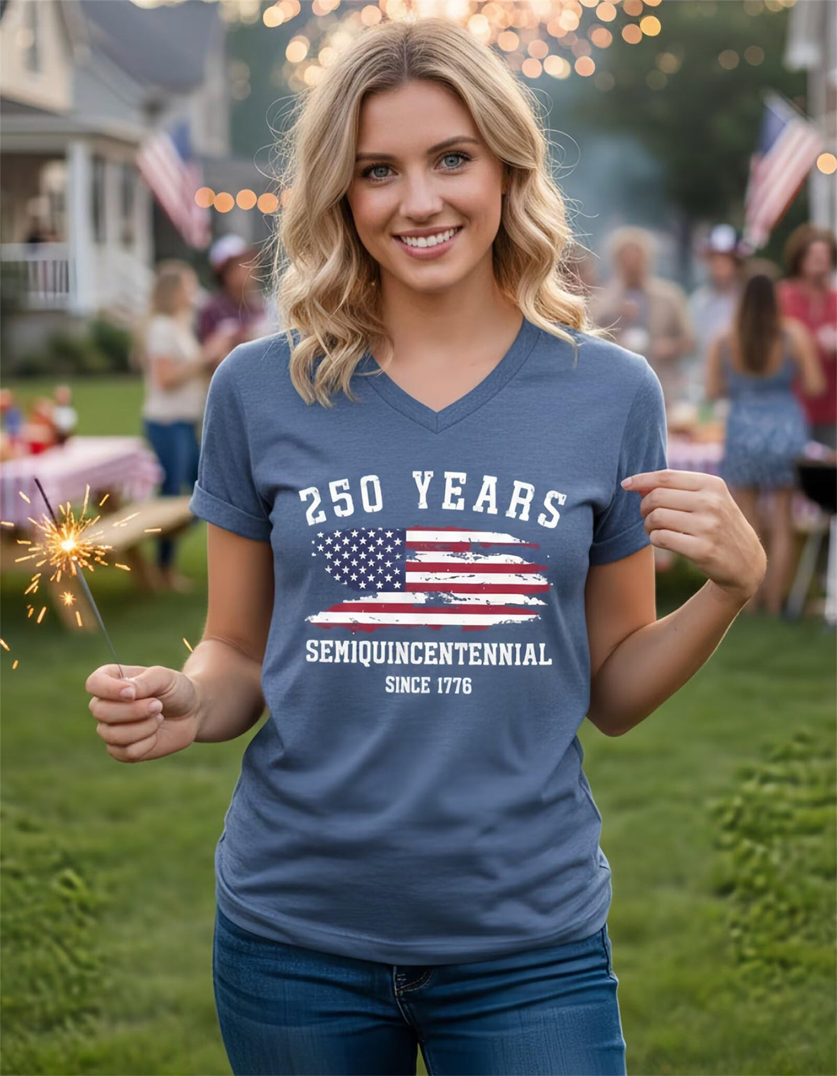 Semisun 250th Anniversary USA Shirt for Women 1776-2026 Patriotic American Flag V Neck T-Shirt July 4th Graphic Tee