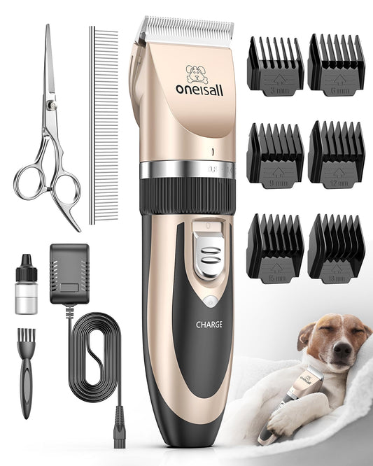 oneisall Dog Clipper Low Noise, Dog Grooming Kit with Rechargeable, Dog Shaver Cordless Electric Quiet Hair Clipper Set for Dog Cats Pets（Gold）