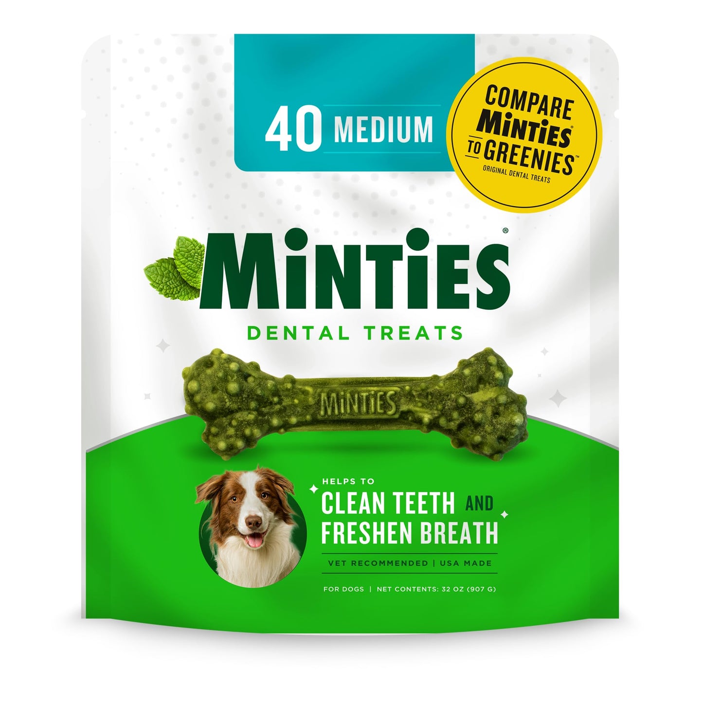 Minties Dental Chews for Dogs, 40 Count, Vet-Recommended Mint-Flavored Dental Treats for Medium Dogs 25-50 lbs, Dental Bones Clean Teeth, Fight Bad Breath, and Removes Plaque and Tartar