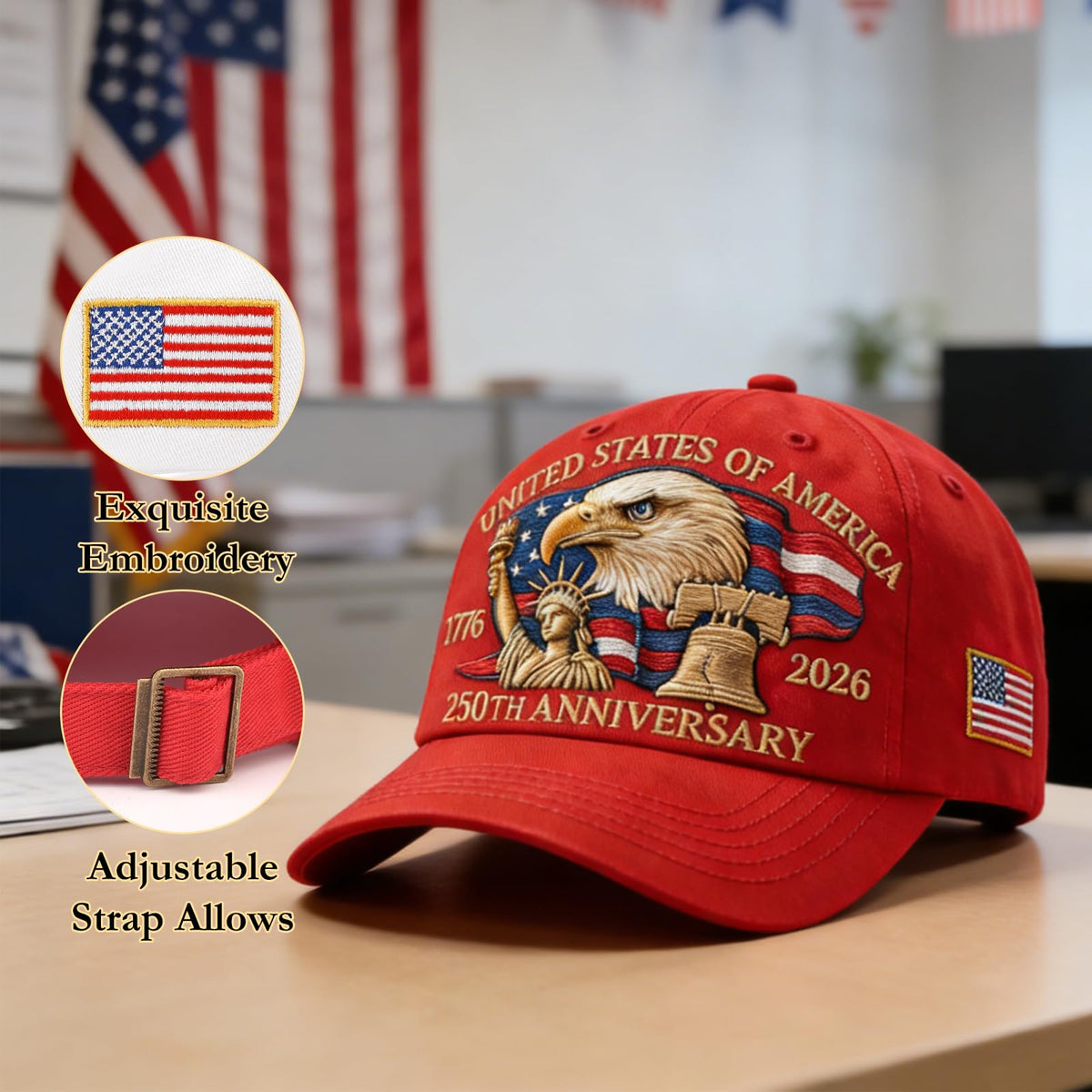 2-Pack 250th Anniversary USA Hat Bald Eagle Embroidery Patriotic Baseball Cap 1776-2026 Liberty United States Patriotic Hat Eagle Patriotic Cap for Men Women(Navy Blue+Red)