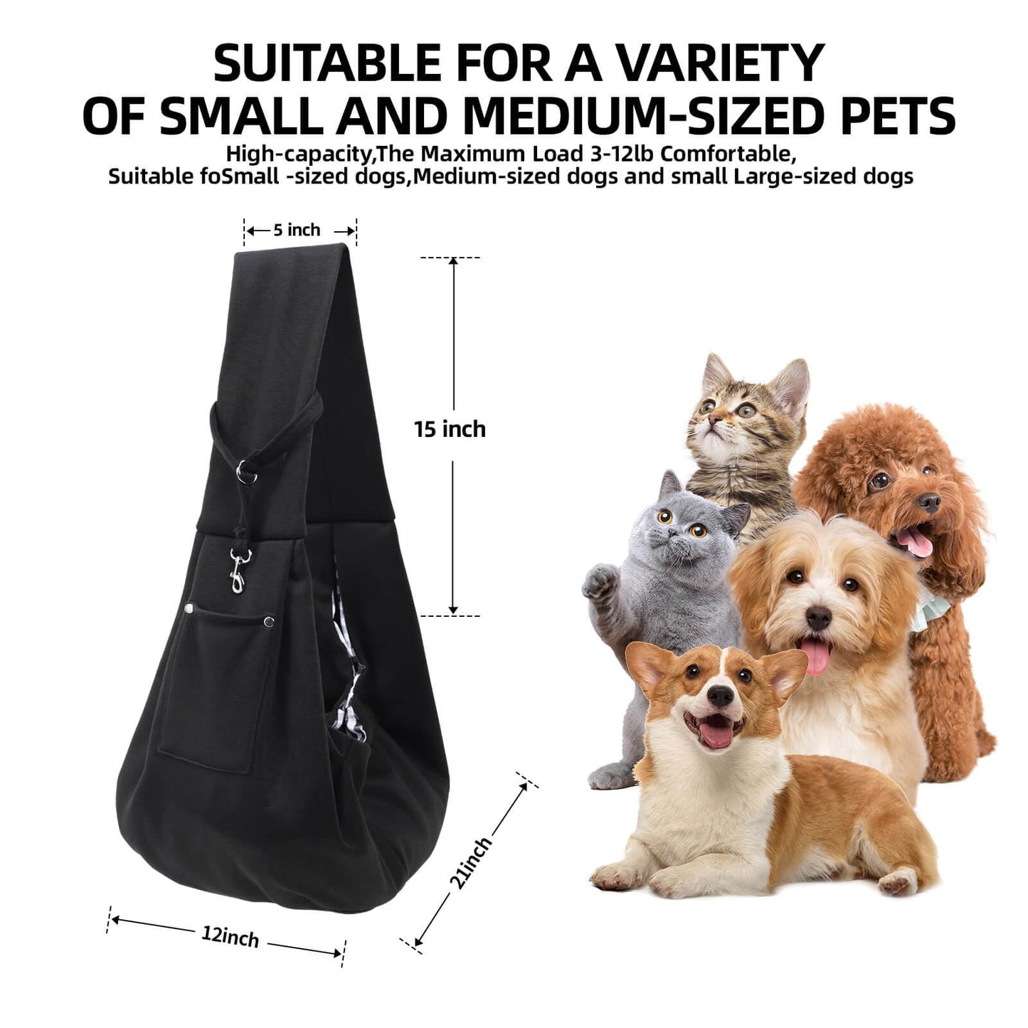 Dog Carrier Sling - Reversible Puppy Carrier Purse with Storage Pocket, Hand-Free Dog Sling Carrier for Carry Small Dogs and Cats, Travel Safety Harness, Dog and Cat Harness(Black)