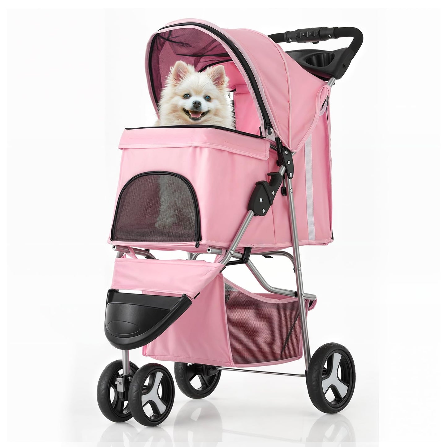 MoNiBloom Foldable 3-Wheel Pet Stroller with Storage, Cup Holder, and Waterproof Cover for Small Dogs and Cats