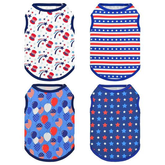 Vehomy 4-Pack Patriotic Dog Tank Tops 4th of July USA Flag Star Stripe Puppy Sleeveless Outfits America 250th Anniversary Pet Shirts for Small Medium Puppy Dogs Cats XS