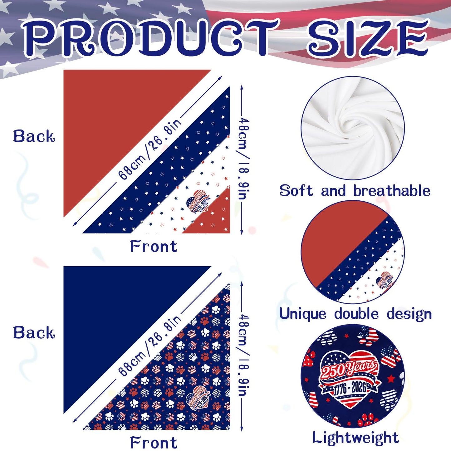 INCOK Star Patriotic Dog Bandanas - 2 Pcs 4th of July Bandanas for Dog, 250th Anniversary Large Pet Scarf with Paw Print for Veterans Memorial Day, Triangle Reversible American Flag Pet Outfit