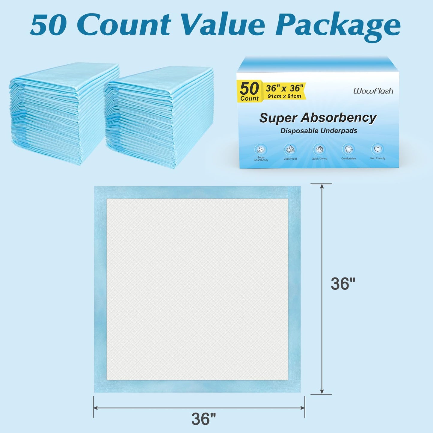 50 Count 36” x 36” Super Absorbency Disposable Underpads, Leakproof Quick Drying Disposable Pads for Baby, Puppy & Adults, Bed Pads Disposable Adults, Incontinence Pads, Dog Pee Pads