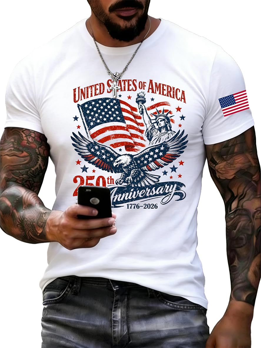 DEPENSL Mens 250 Anniversary USA Shirt 1776-2026 250th Anniversary American Flag Shirt America 250 Merchandise 4th of July Outfits Independence Day Patriotic Shirts for Men(White, X-Large)