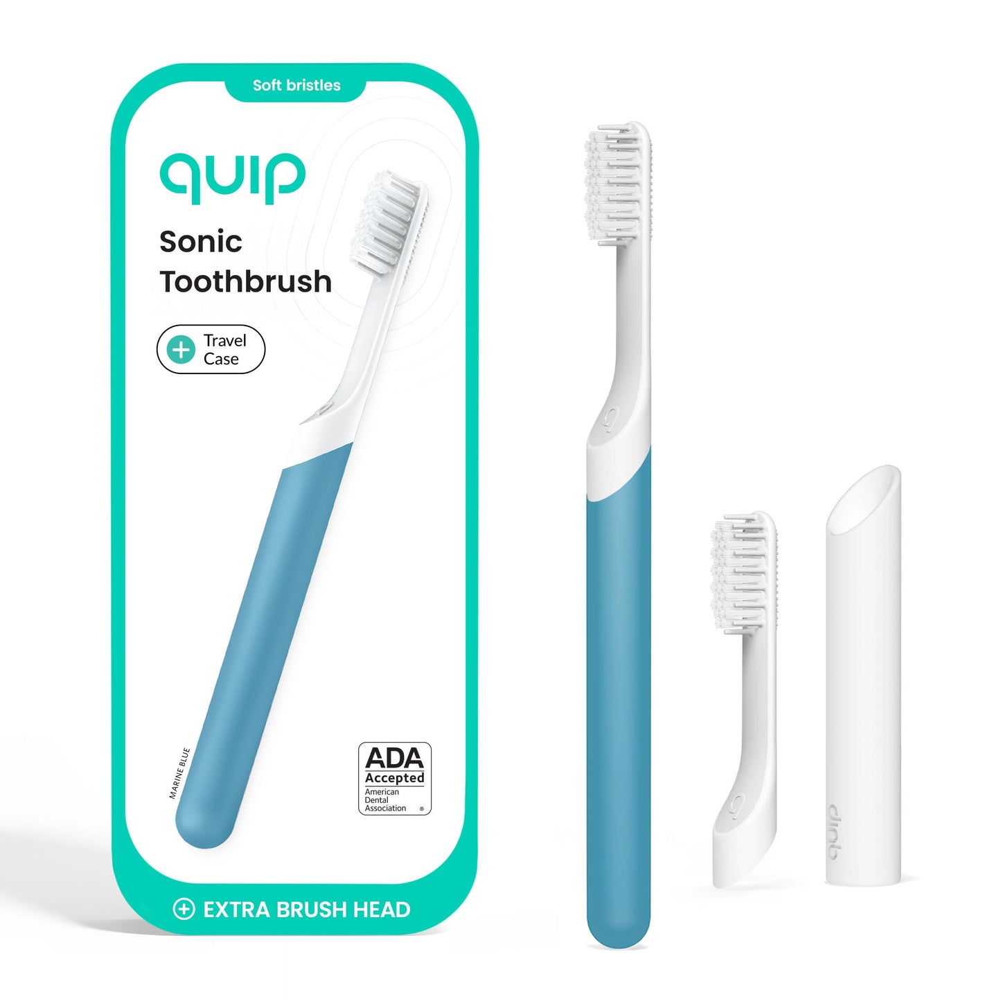 Quip Sonic Electric Toothbrush for Adults with Timer - Includes Travel Case & Replacement Brush Head - 3 Month Battery Life, Plastic Handle - Marine Blue