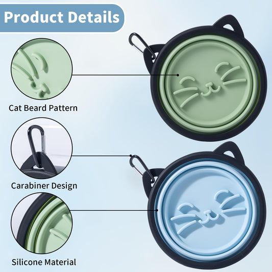 2Pack Silicone Collapsible Dog Bowls, Cute Pet Ear Shape and Cat Graphic Travel Water Bowl Full of Pet Atmosphere 25oz Portable Feeder for Small Large Dog Walking Hiking Camping (Light Blue and Green)
