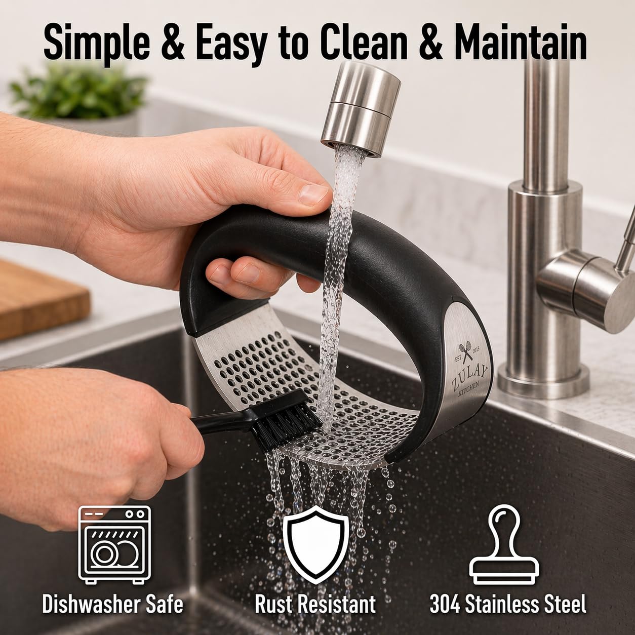 Zulay Kitchen Stainless Steel Garlic Press Rocker Set - Premium Garlic Mincer Garlic Crusher - New Innovative Garlic Crusher with Peeler and Scraper - Comfortable Grip (Black)