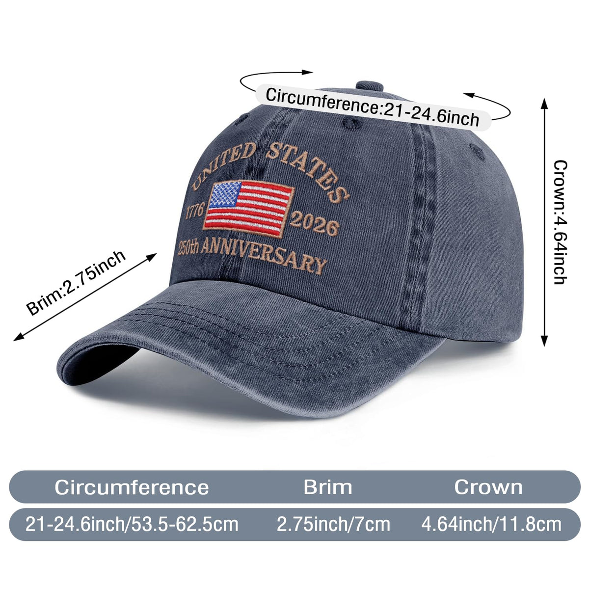 250 Anniversary USA Hat 1776-2026 United States 250th Hats America Patriotic Baseball Cap for Men Women Embroidered Blue