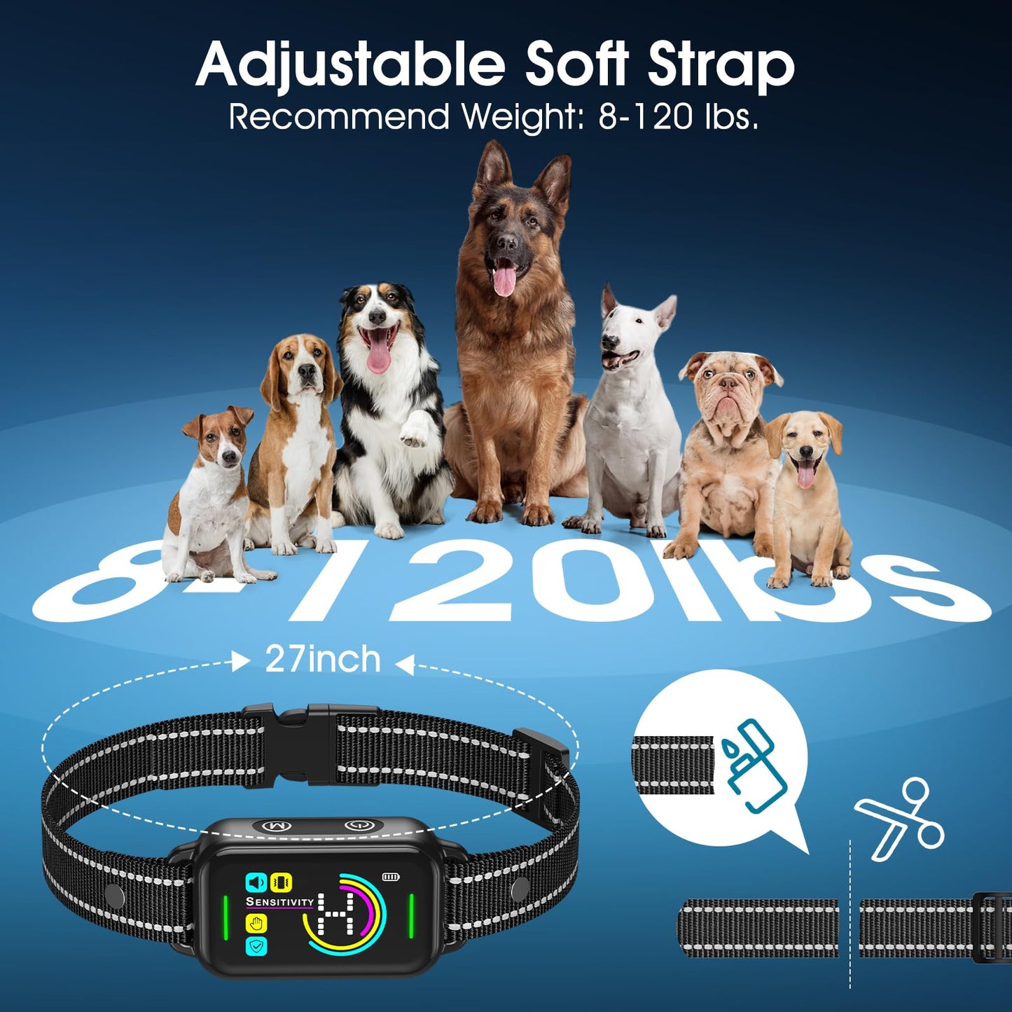 DINJOO Bark Collar, Dog Bark Collar for Large Medium Small Dogs,Smart Bark Collar,Rechargeable Anti Barking Training Collar with 8 Adjustable Sensitivity,Bark Shock Collar with Beep (Dark Black)