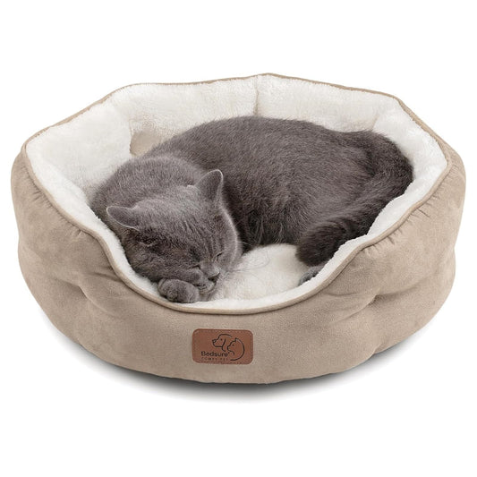 Bedsure Dog Beds for Small Dogs - Round Cat Beds for Indoor Cats, Washable Pet Bed for Puppy and Kitten with Slip-Resistant Bottom, 20 Inches, Camel