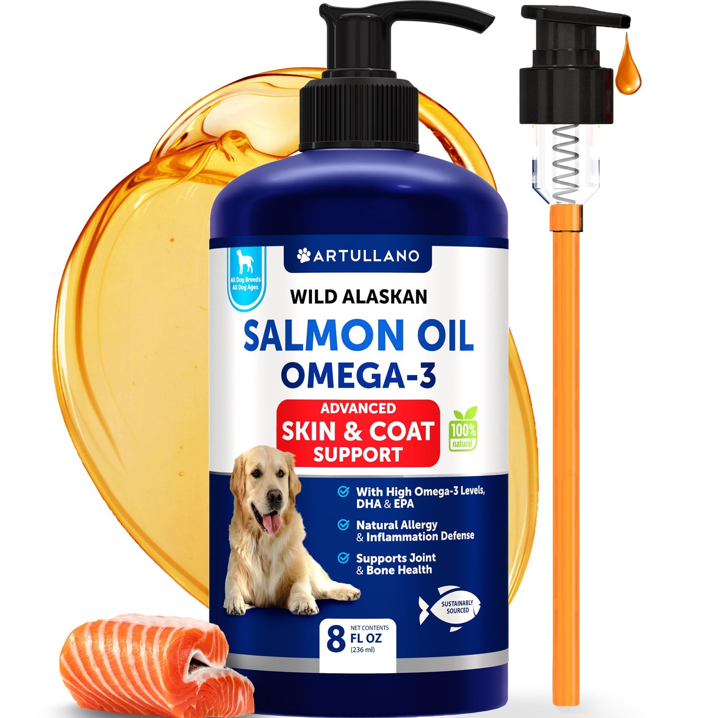 Salmon Oil for Dogs - Omega 3 for Dogs - 8 FL OZ Wild Alaskan Salmon Fish Oil - Natural EPA & DHA Fatty Acids for Skin & Coat, Allergy, Joint & Bone Health - Liquid Support Supplement for Shedding