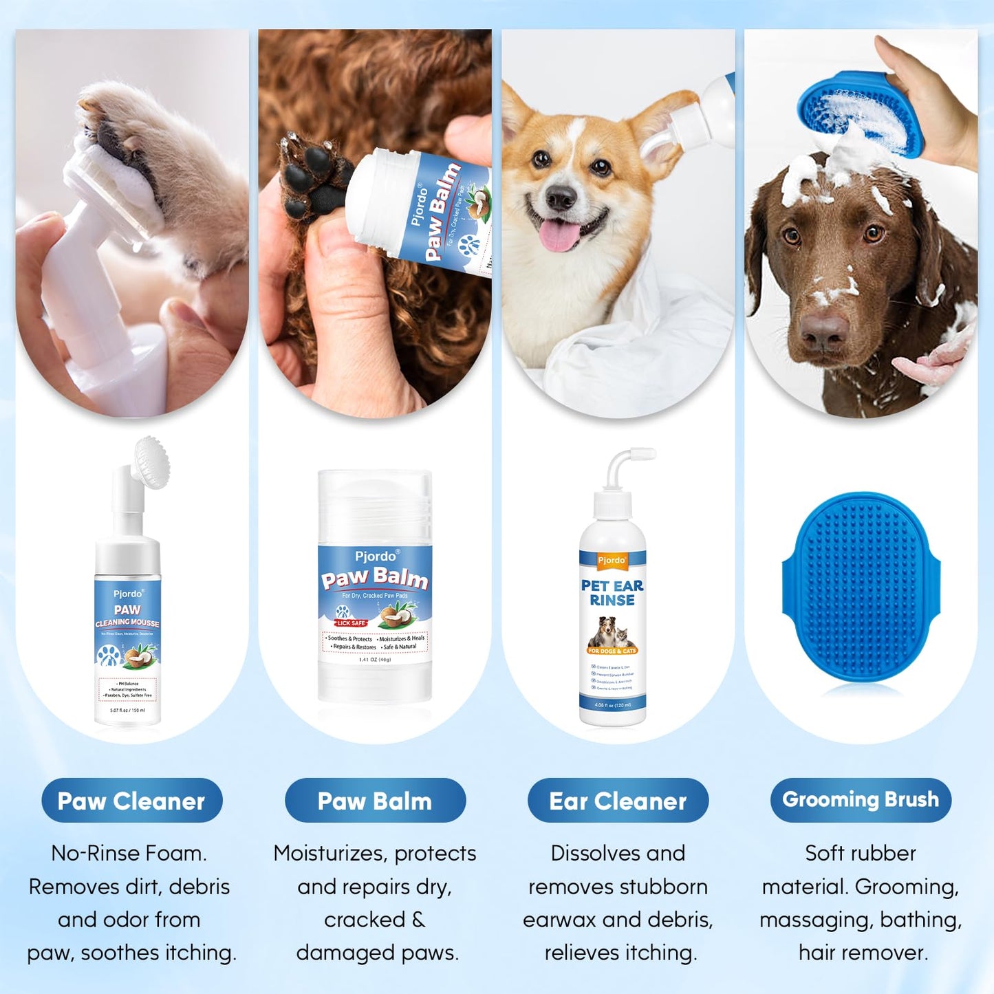 Pjordo Dog Wipes Cleaning Deodorizing, Grooming Wipes & Paw Cleaner, Pet Cleaning Kit for Teeth, Ears, Eyes, Paw, Body, Ear Rinse, Essential Dog Supplies Set