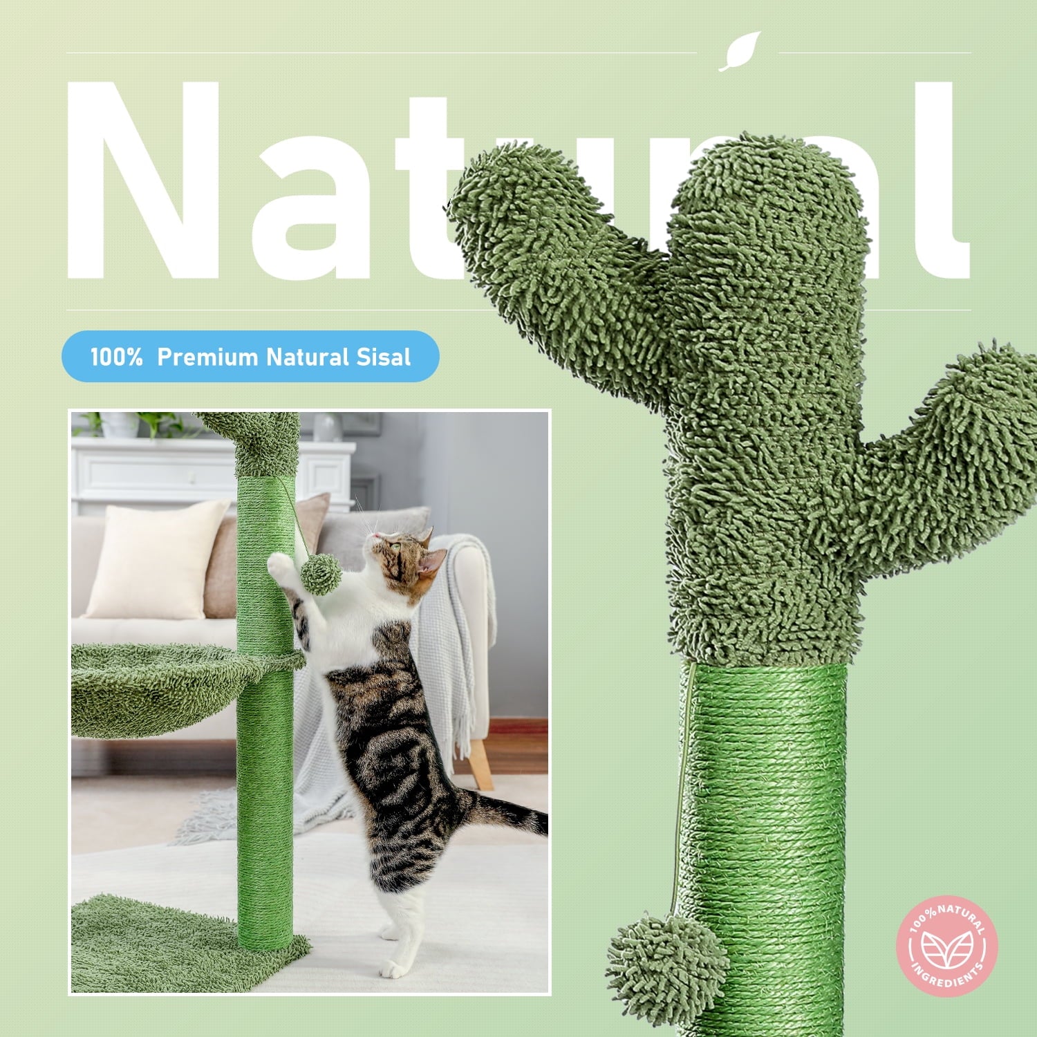 33-Inch Cactus Cat Scratching Post with Spacious Hammock for Indoor Cats - Green
