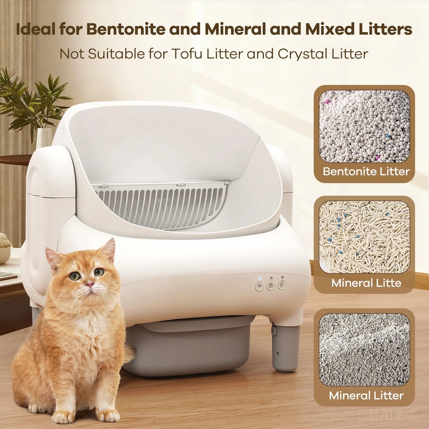 Automatic Self-Cleaning Litter Box with App Control for Multiple Cats, Open Top Design, Safety Sensors, Odor Control, Includes 2 Roll Liners and Large Waste Bin