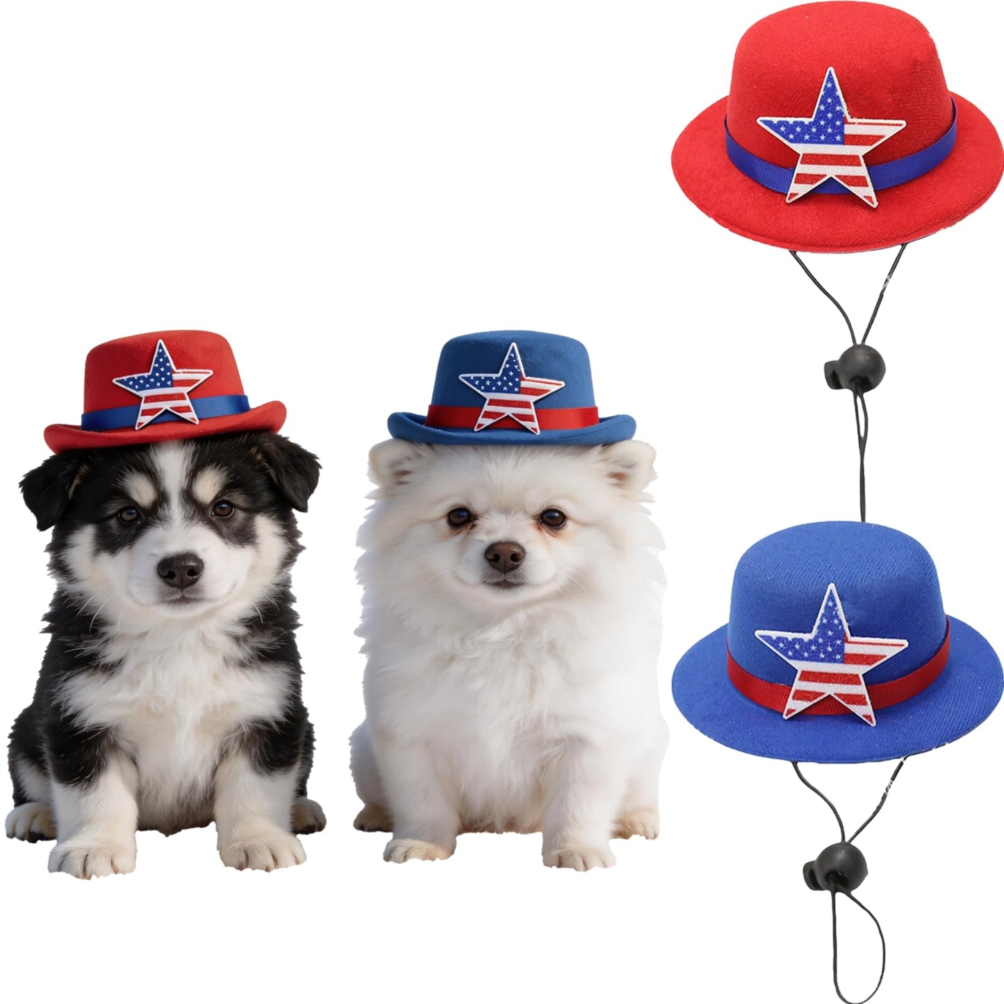 2 Pcs Patriotic American Flag Star Dog Hats – 4th of July & America 250th Anniversary Pet Top Hats for Small Dogs & Cats, Adjustable Costume Accessory for Independence Day, Patriotic Party Photo Props